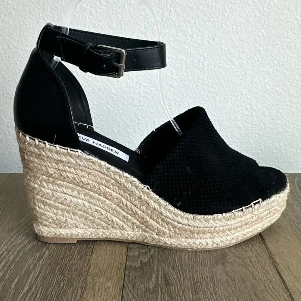 Steve Madden Josey Espadrille Wedge Sandal Women Black Perforated Suede Sz 8